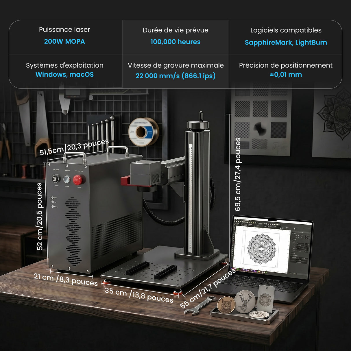 Monport GPro 200W MOPA Machine laser à fibre Vision – Avec système de vision pour un positionnement automatique, une gravure métallique précise et un marquage laser