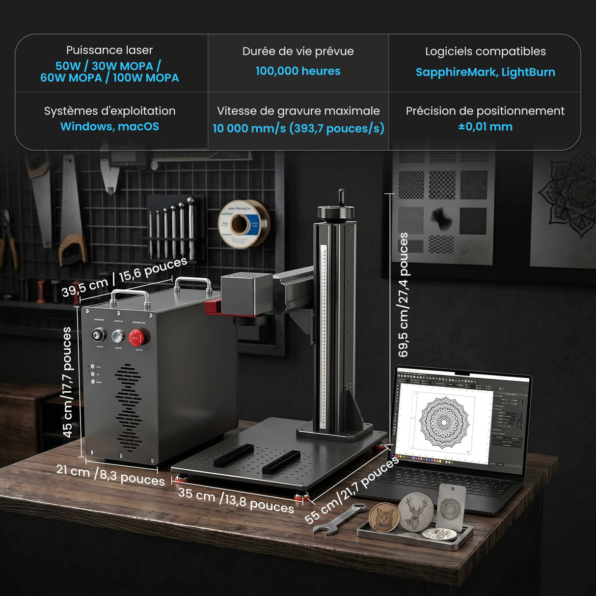 Monport GPro 100W MOPA Machine laser à fibre Vision – Avec système de vision pour un positionnement automatique, une gravure métallique précise et un marquage laser