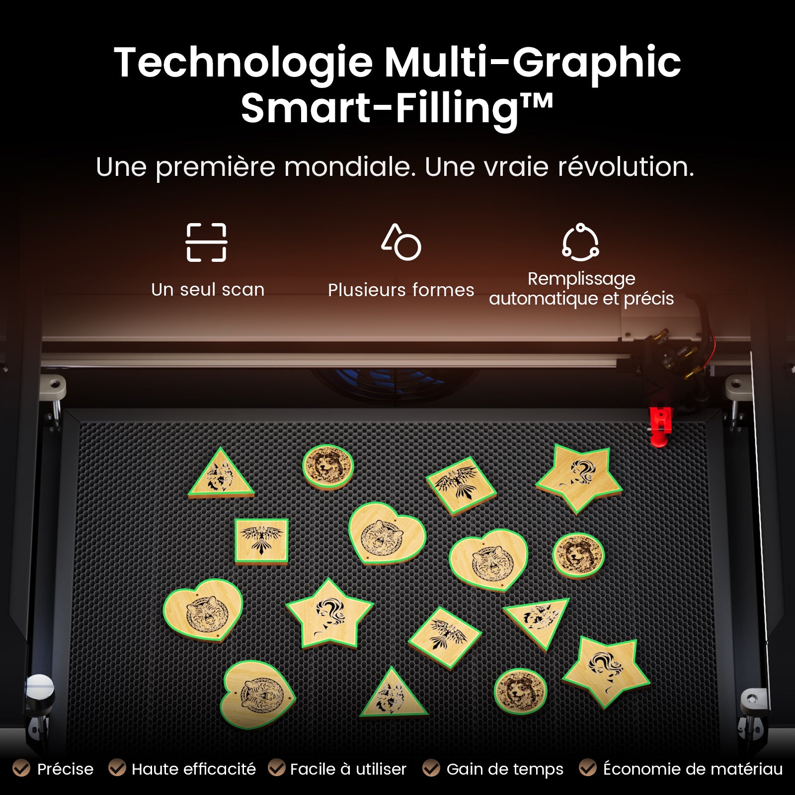 Monport Reno45 Pro Vision Graveur et Découpeur Laser CO2 de Bureau 45W (40×30 cm) avec Caméra HD 8MP et Mise au Point Automatique Assistée par Aimant