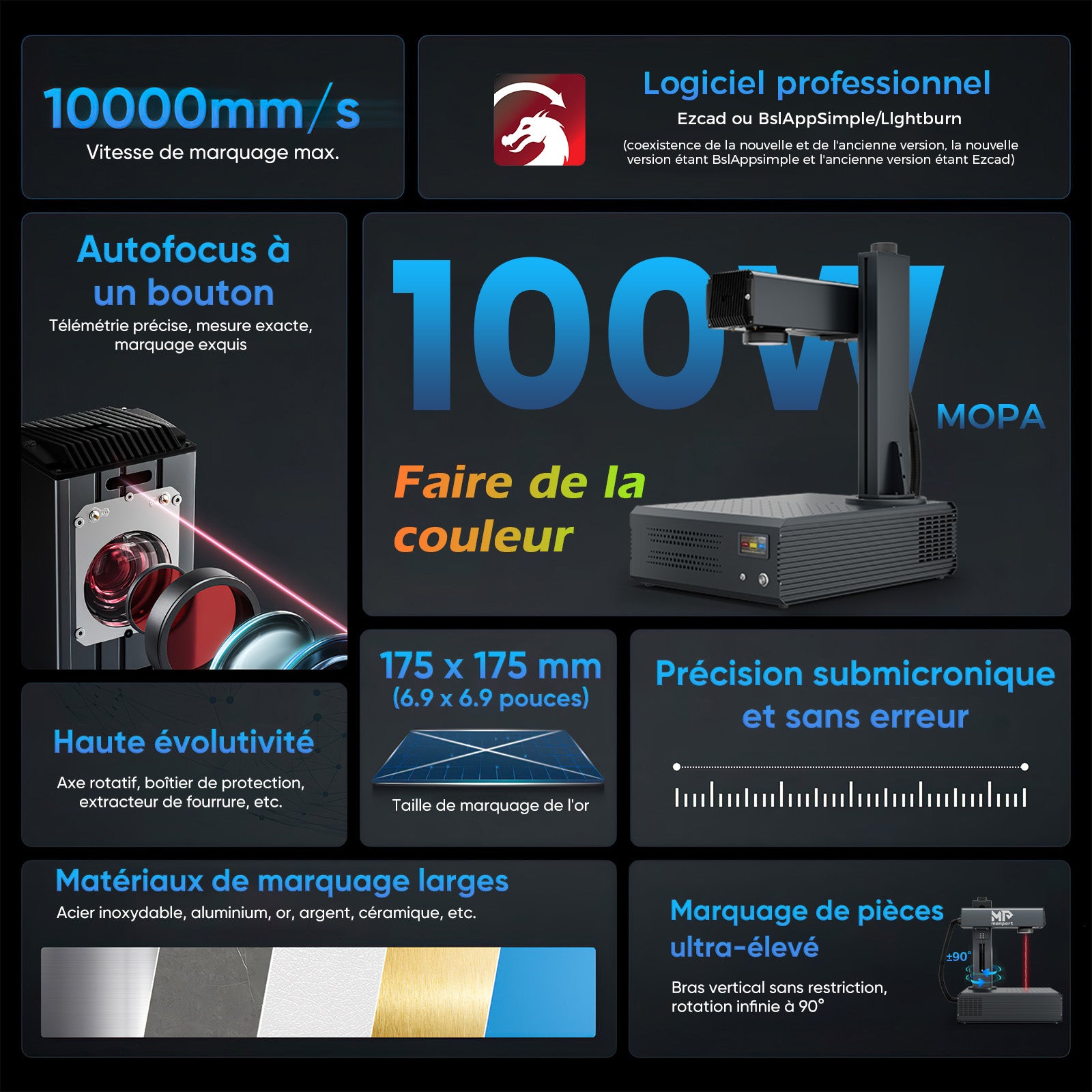 Monport GA Graveur & marqueur laser à fibre MOPA intégré amélioré 100W avec Mise au Point Automatique