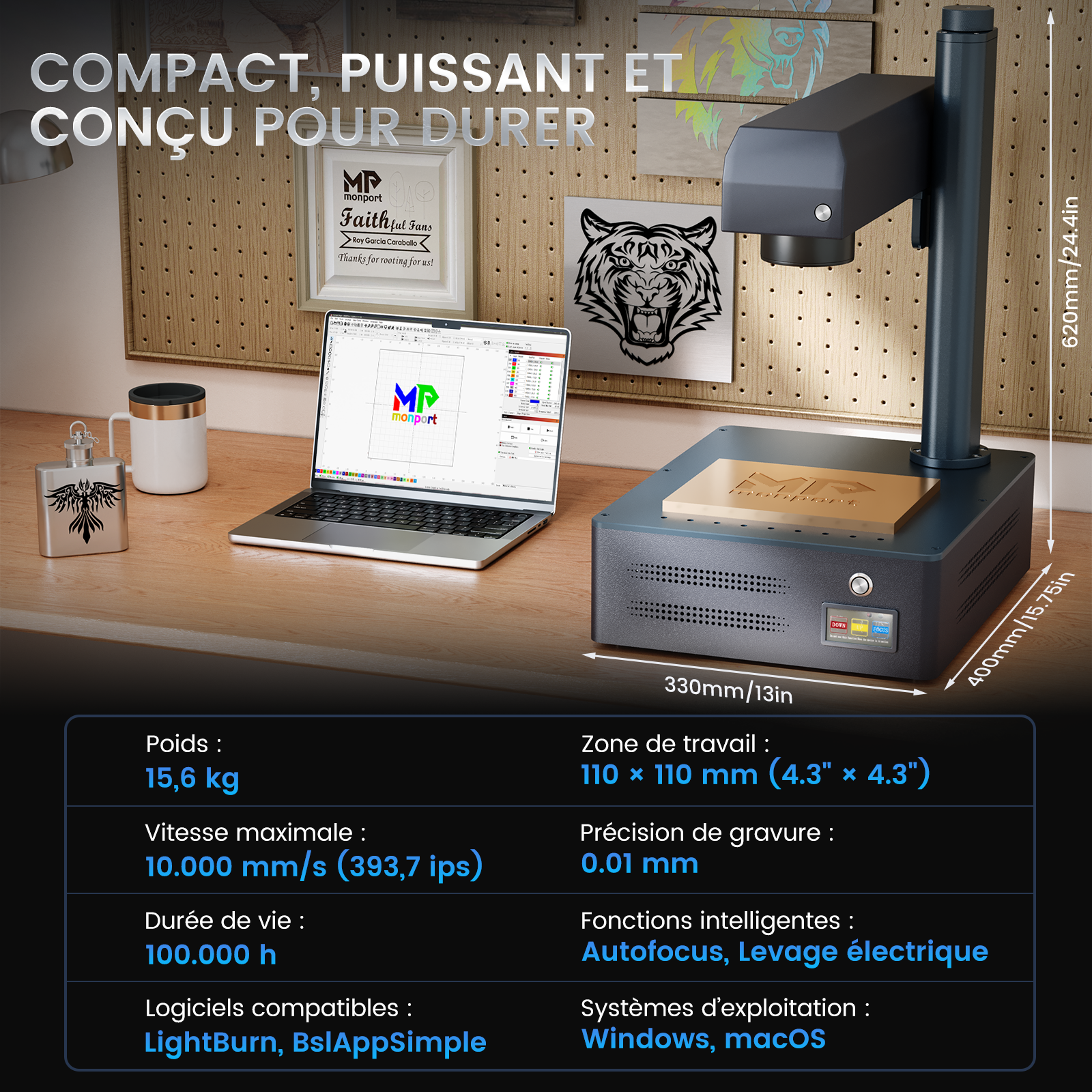 Graveur laser à fibre intégré et machine de marquage Monport GM 20W Pro avec mise au point automatique - Machine