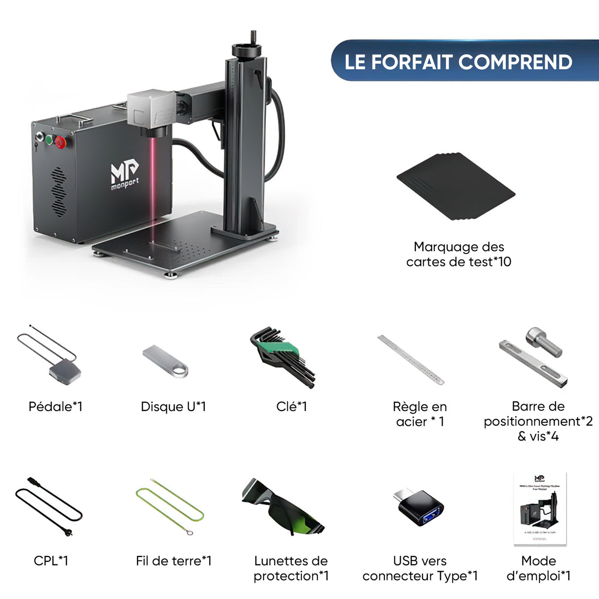 Monport 100W (175 x 175 cm) Graveur & marqueur laser à fibre GPro MOPA avec focalisation manuelle