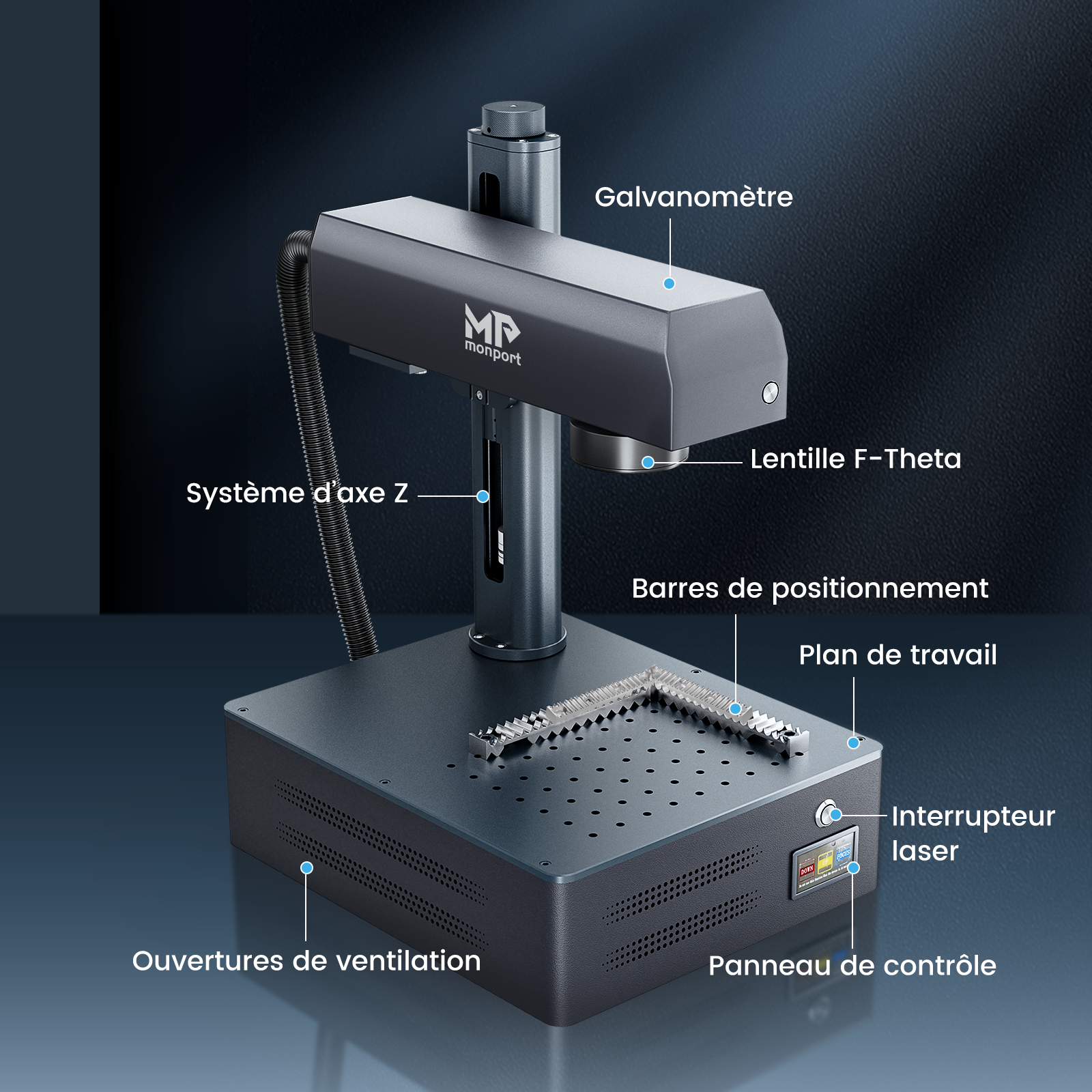 Machine de gravure et de marquage laser à fibre intégrée Monport GM 50W Pro avec mise au point automatique - Machine