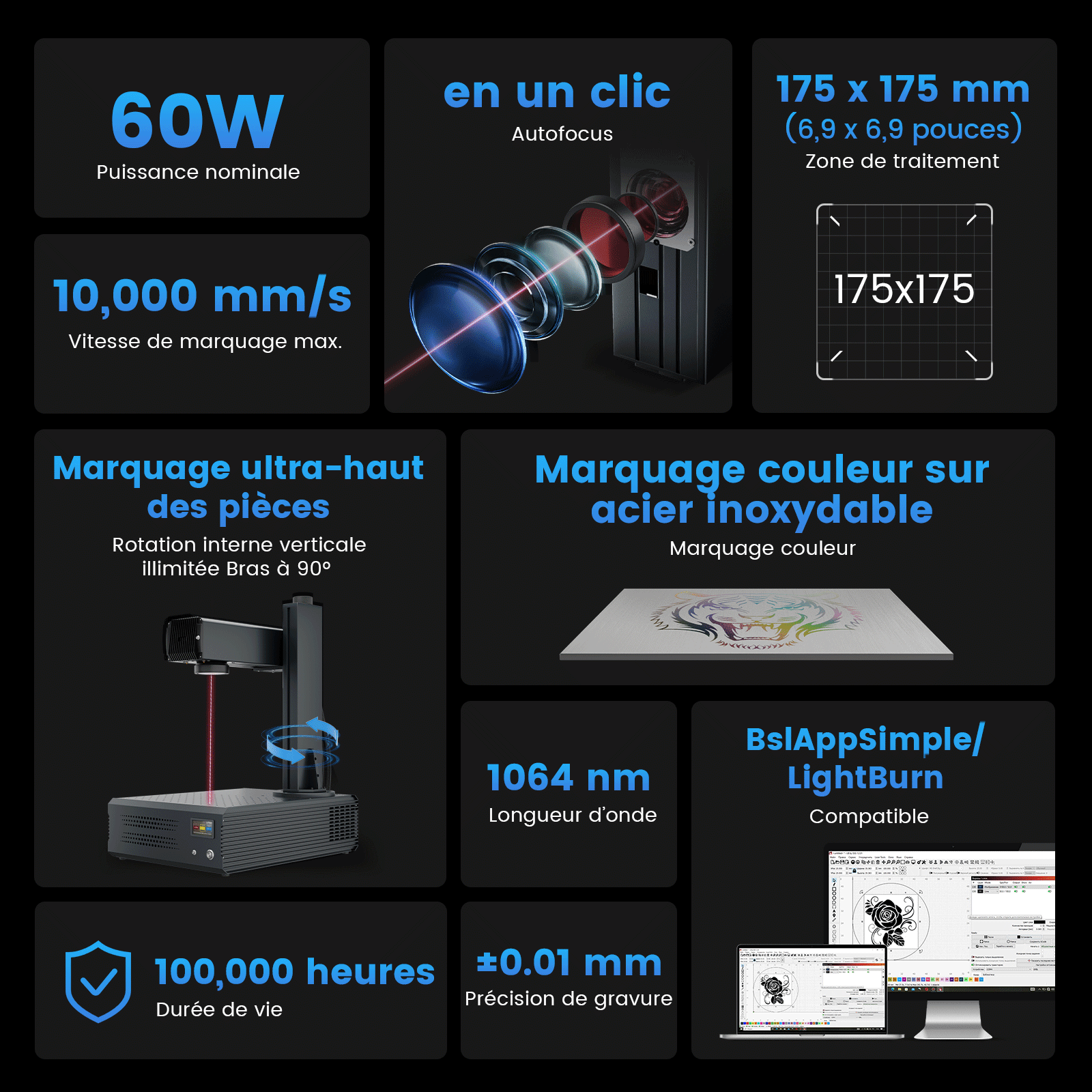 Monport GA Graveur & marqueur laser à fibre MOPA intégré amélioré 60W avec Mise au Point Automatique