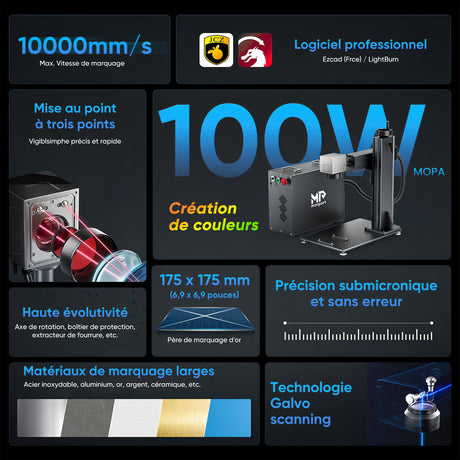 Monport 100W (175 x 175 cm) Graveur & marqueur laser à fibre GPro MOPA avec focalisation manuelle