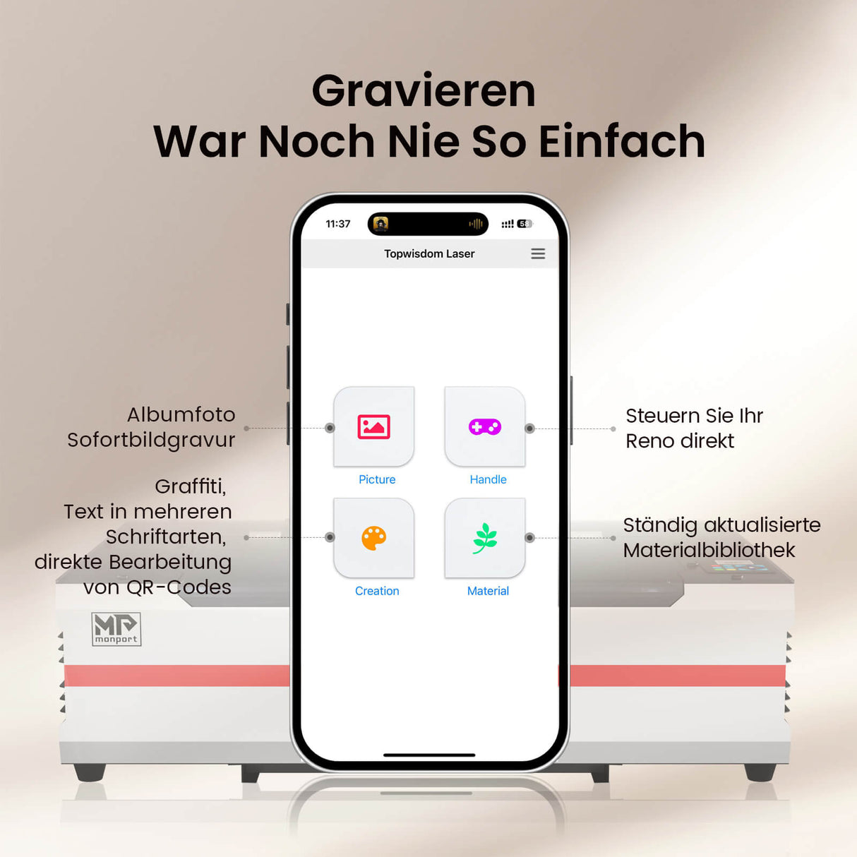 Machine de gravure et de découpe laser CO₂ de bureau Monport Reno 65 Pro (600x400mm) et 65 Pro Vision, équipée d'une caméra HD 8MP et d'une fonction de remplissage automatique intelligente