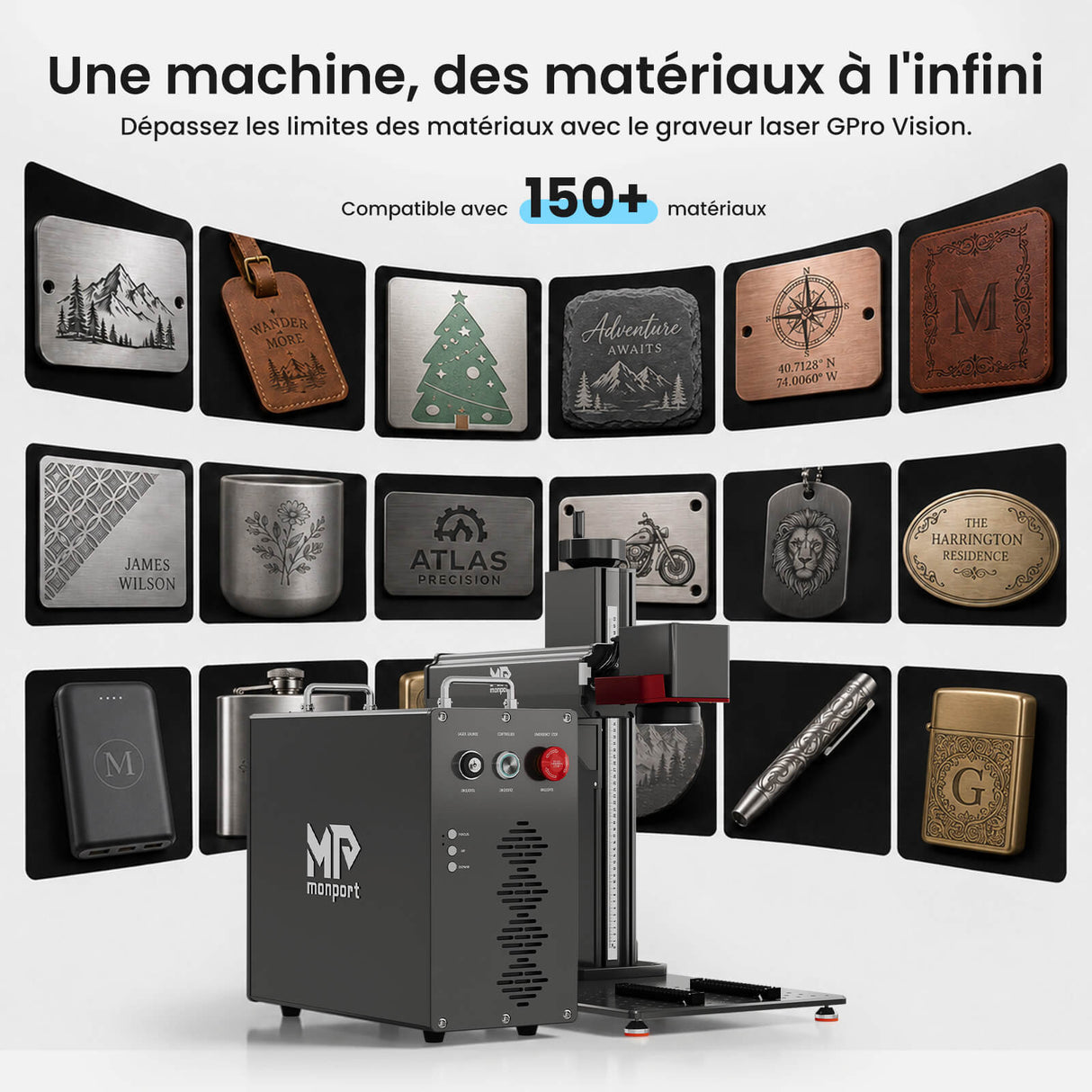 Monport GPro 100W MOPA Machine laser à fibre Vision – Avec système de vision pour un positionnement automatique, une gravure métallique précise et un marquage laser
