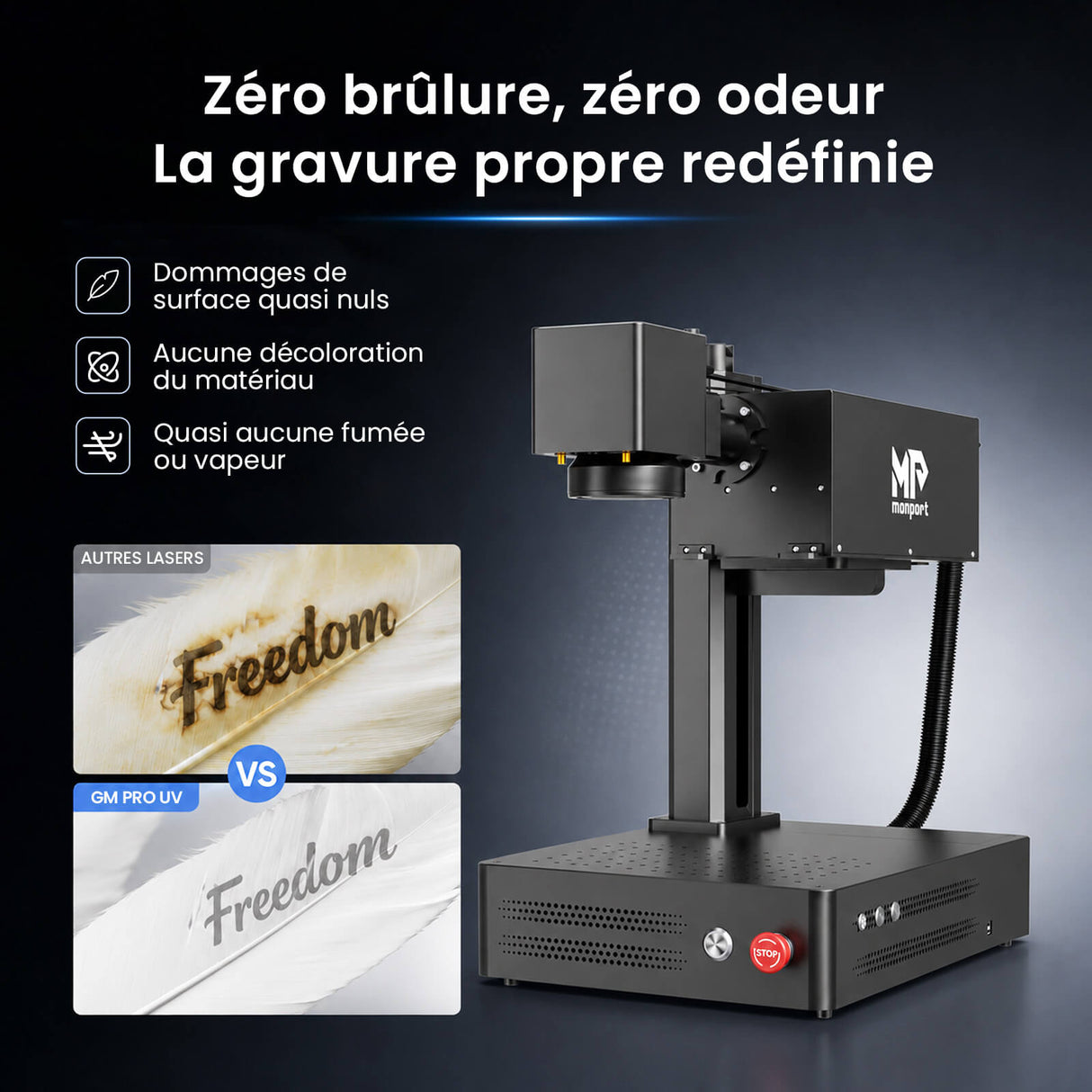Monport GM 10W PRO Machine de gravure laser UV (gravure intérieure) – Marquage laser UV professionnel avec technologie laser froid 355 nm