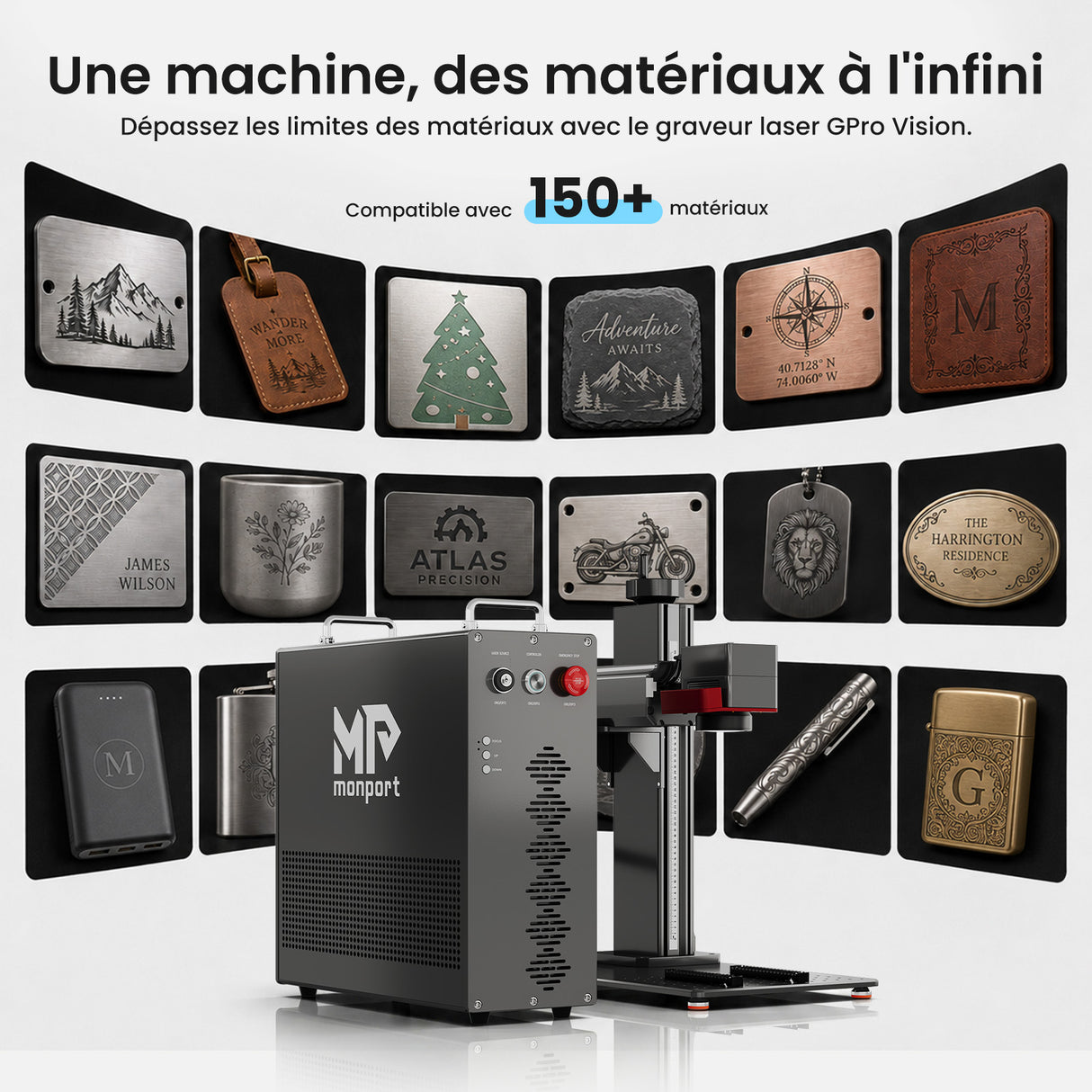 Monport GPro 200W MOPA Machine laser à fibre Vision – Avec système de vision pour un positionnement automatique, une gravure métallique précise et un marquage laser