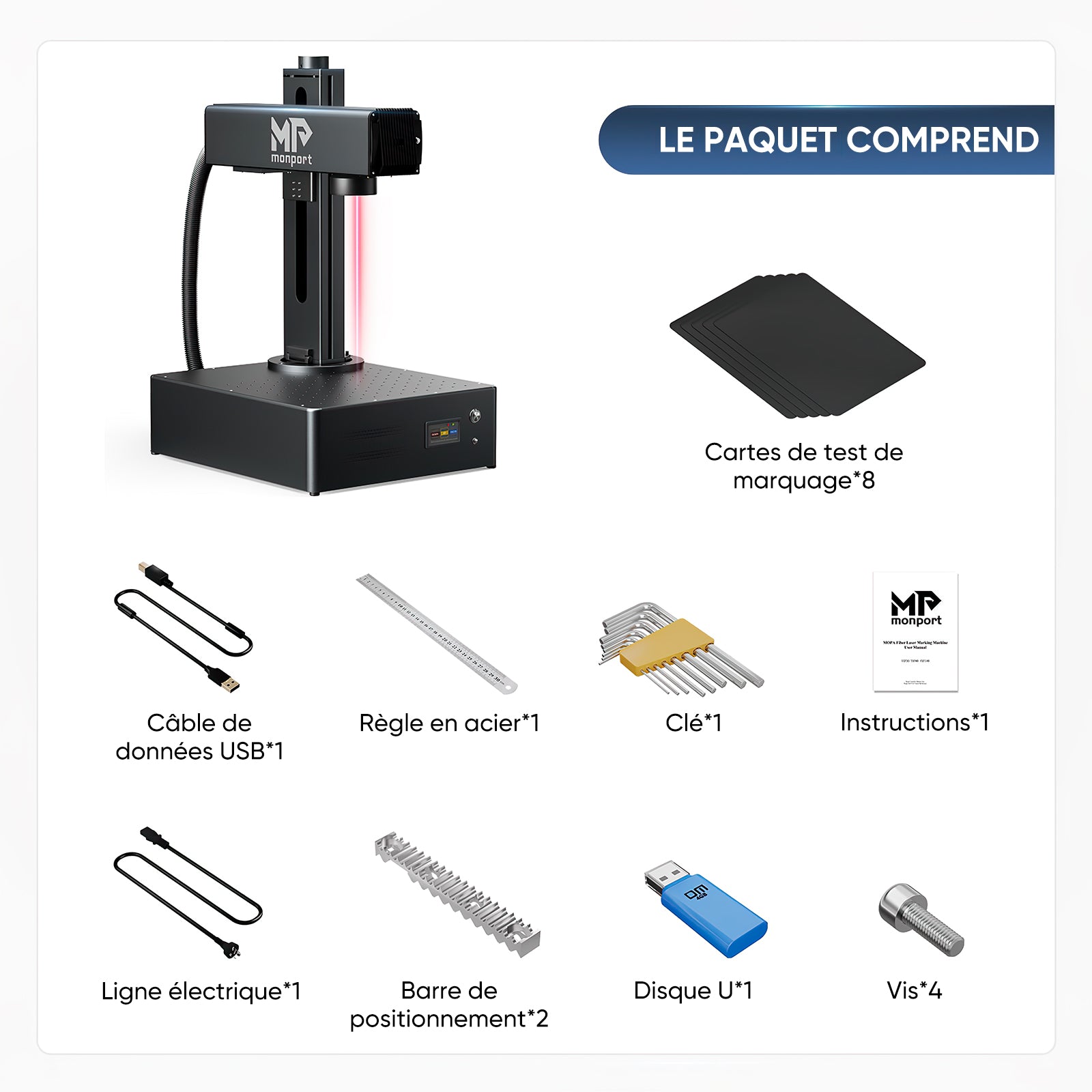 Monport GA Graveur & marqueur laser à fibre intégré amélioré 30W avec Mise au Point Automatique
