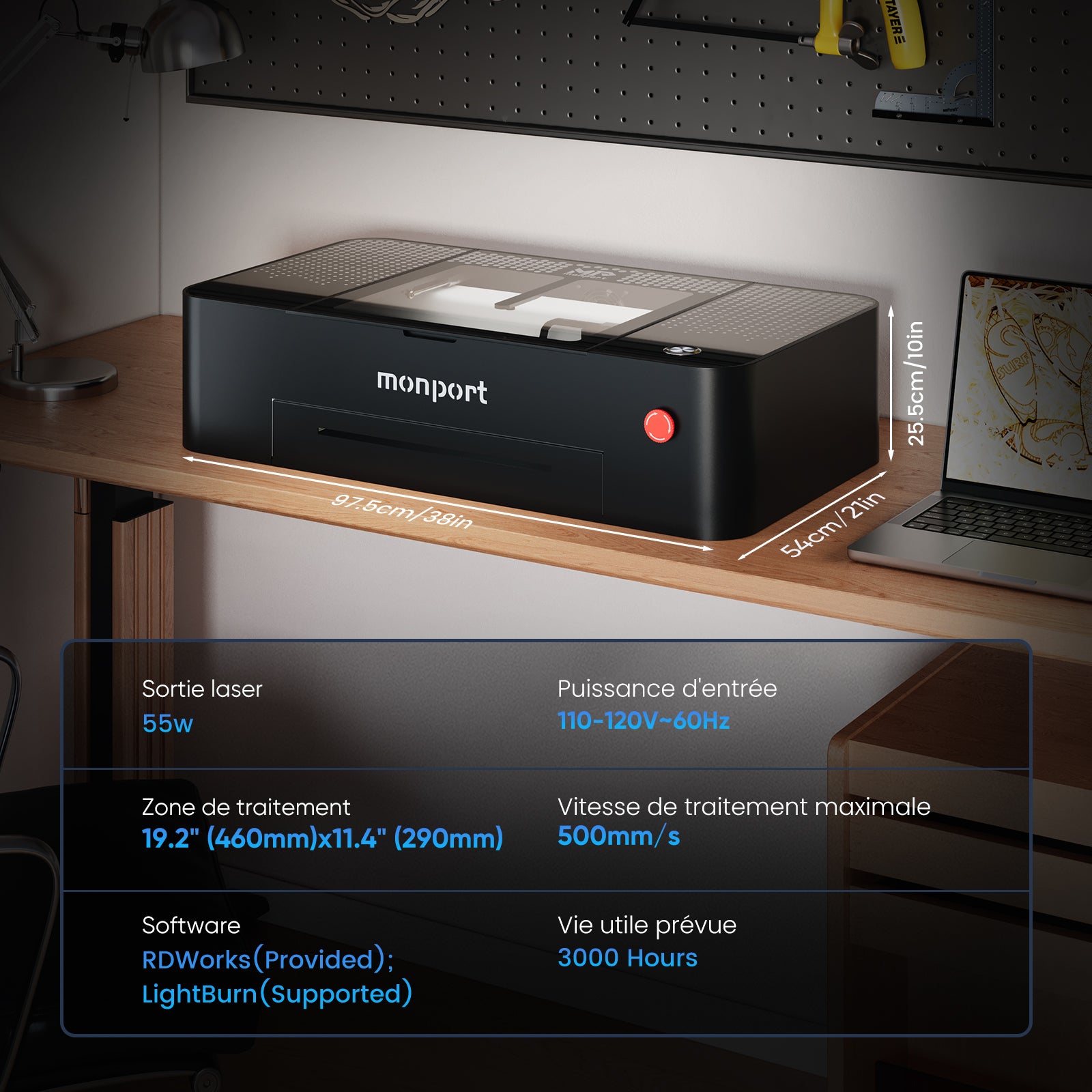 MONPORT ONYX Graveur laser CO2 de bureau 55W avec Mise au Point Automatique