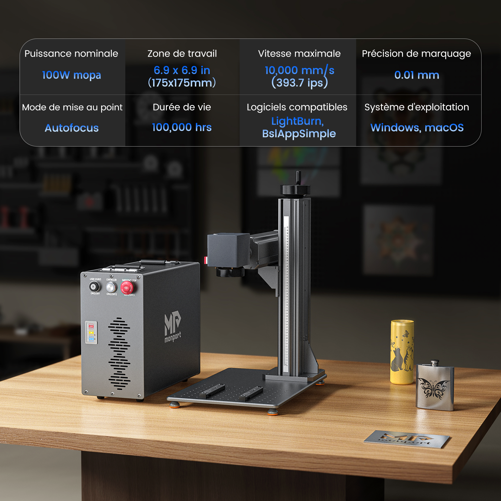 Monport GT 100W Graveur et machine de marquage couleur laser à fibre MOPA séparé avec autofocus – Appareil