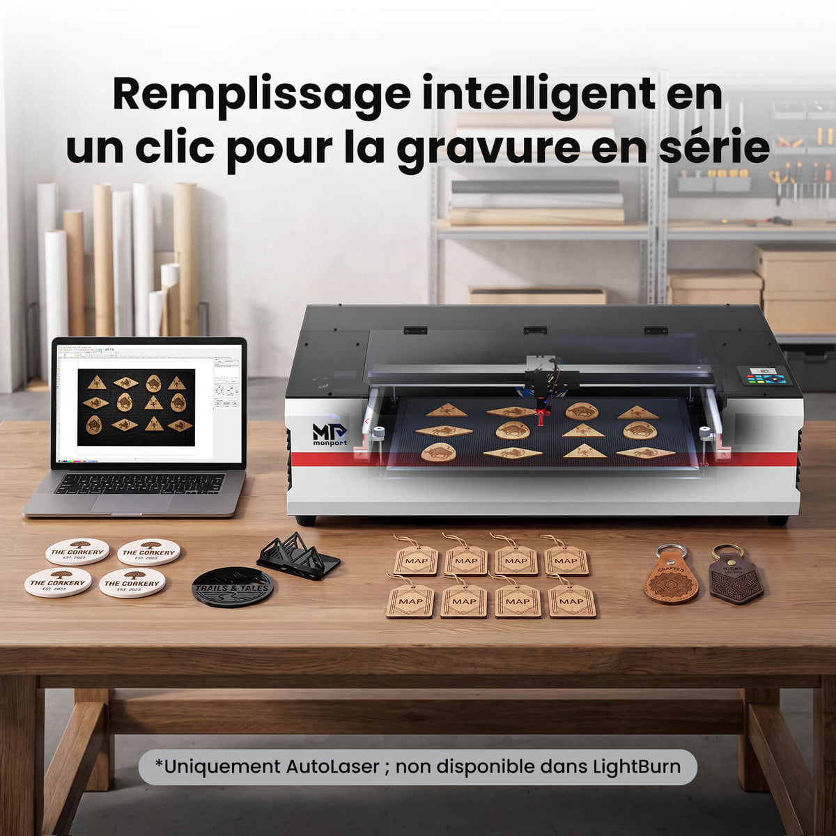 Monport Reno65 Pro Vision 65W – Machine de gravure et de découpe laser CO₂ de bureau (600x400mm) avec caméra HD 8MP, support de mise au point automatique magnétique et système de refroidissement par eau intégré