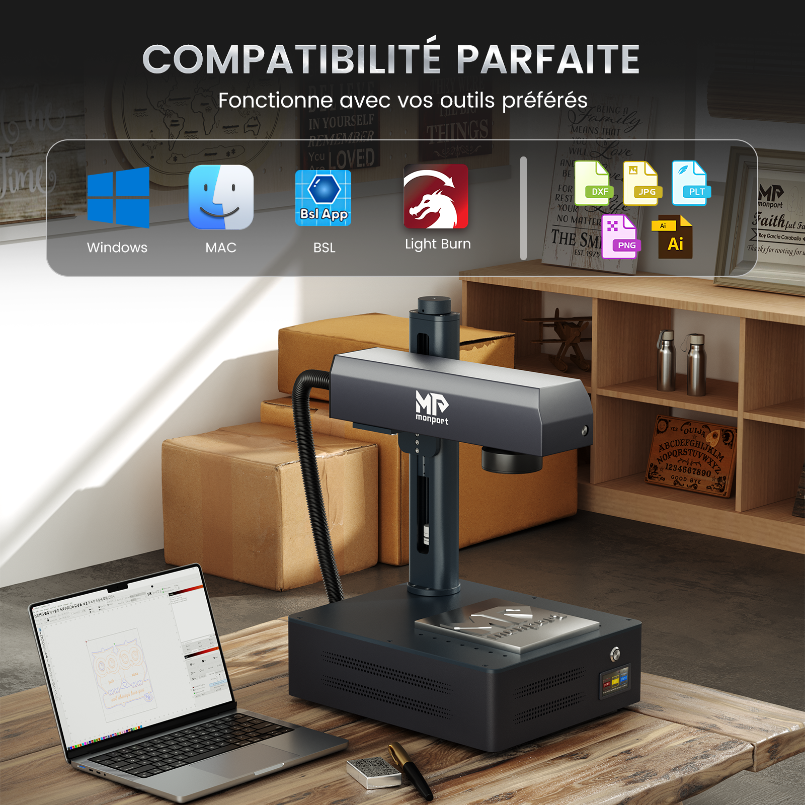 Graveur et machine de marquage laser à fibre MOPA intégré Monport GM 30W Pro avec mise au point automatique