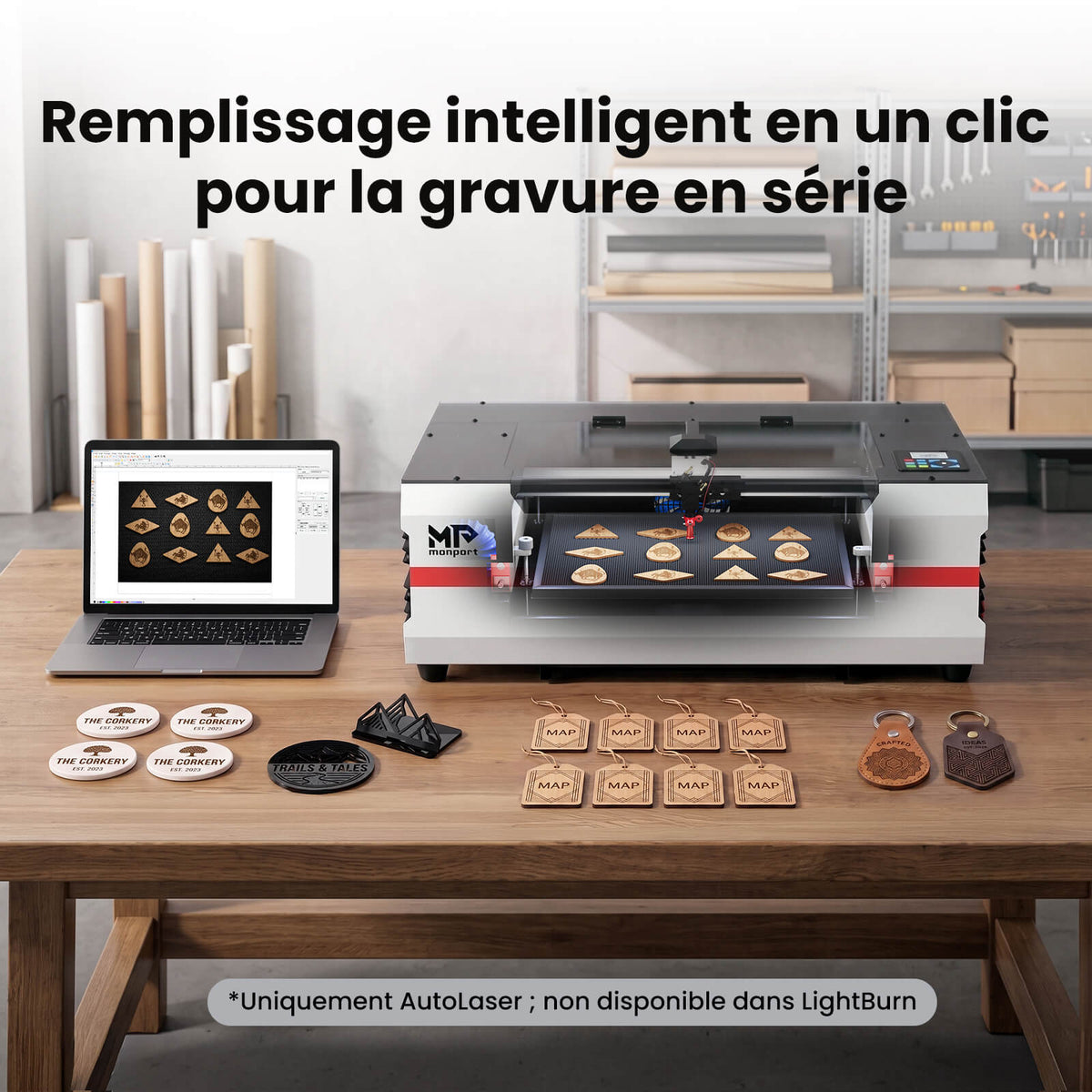 Monport Reno45 Pro Vision Graveur et découpeur laser CO₂ de bureau 45 W (16" x 12") avec caméra HD 8 MP, assistance à la mise au point automatique et système de refroidissement à eau intégré