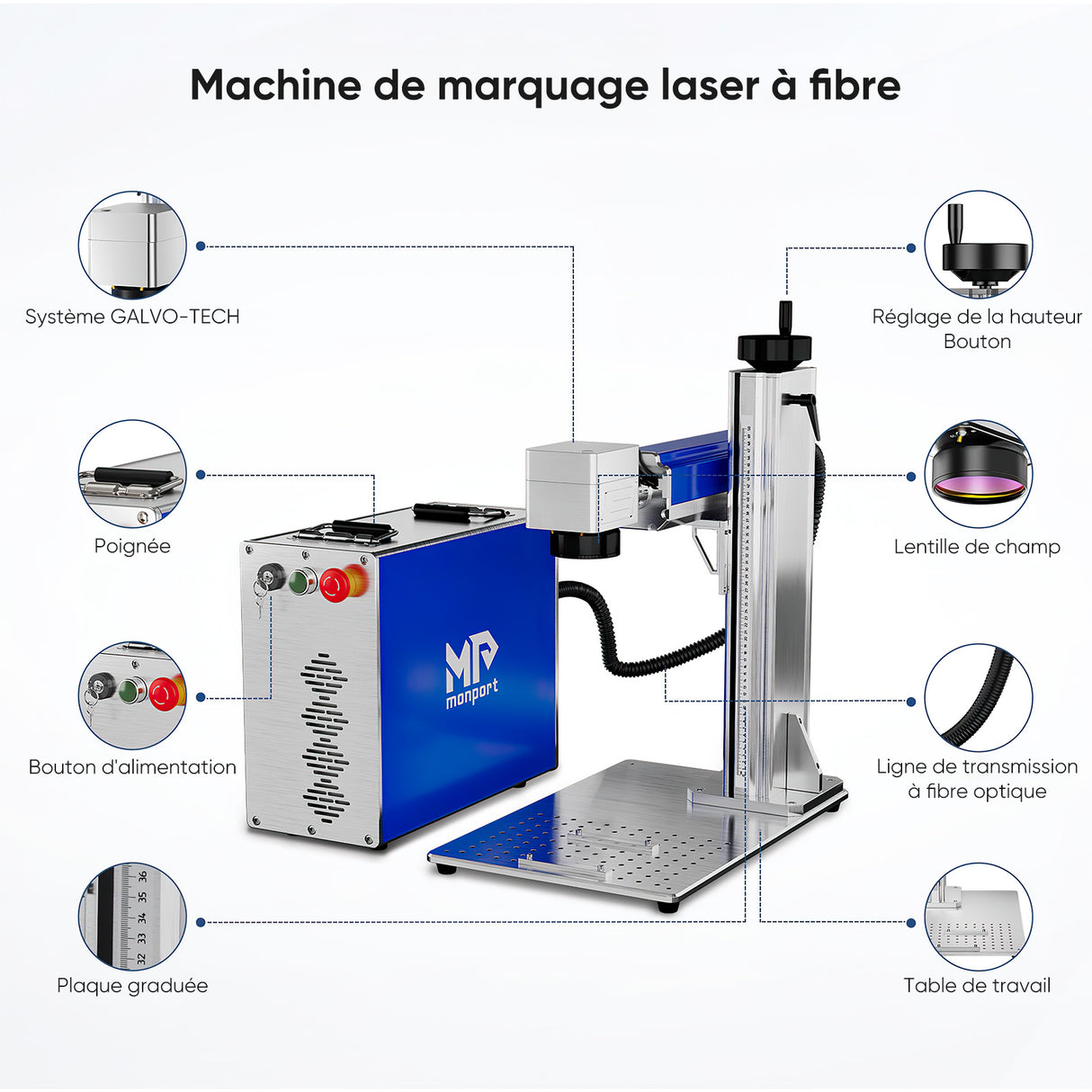 Monport 50W Graveur laser à fibre (7.9" x 7.9") & machine de marquage