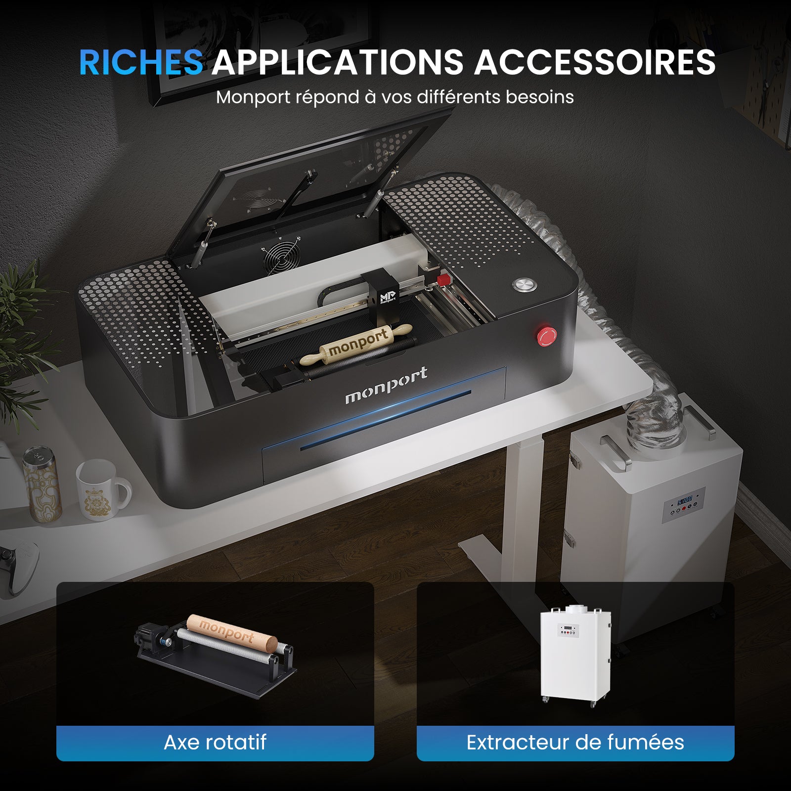 MONPORT ONYX Graveur laser CO2 de bureau 55W avec Mise au Point Automatique