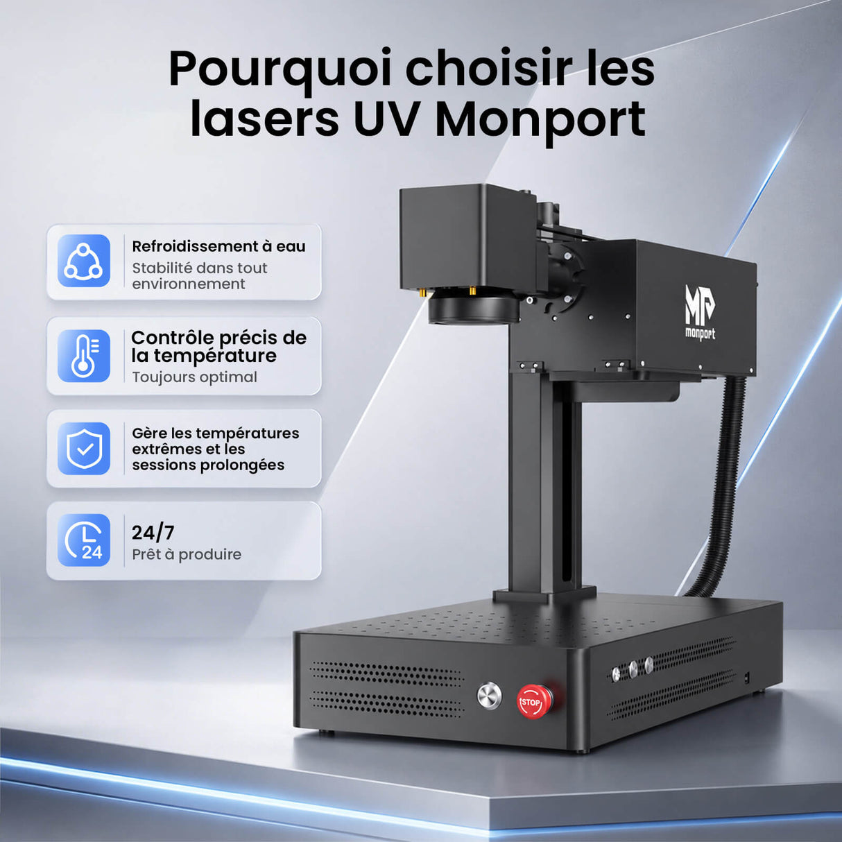 Monport GM 10W PRO Machine de gravure laser UV (gravure intérieure) – Marquage laser UV professionnel avec technologie laser froid 355 nm
