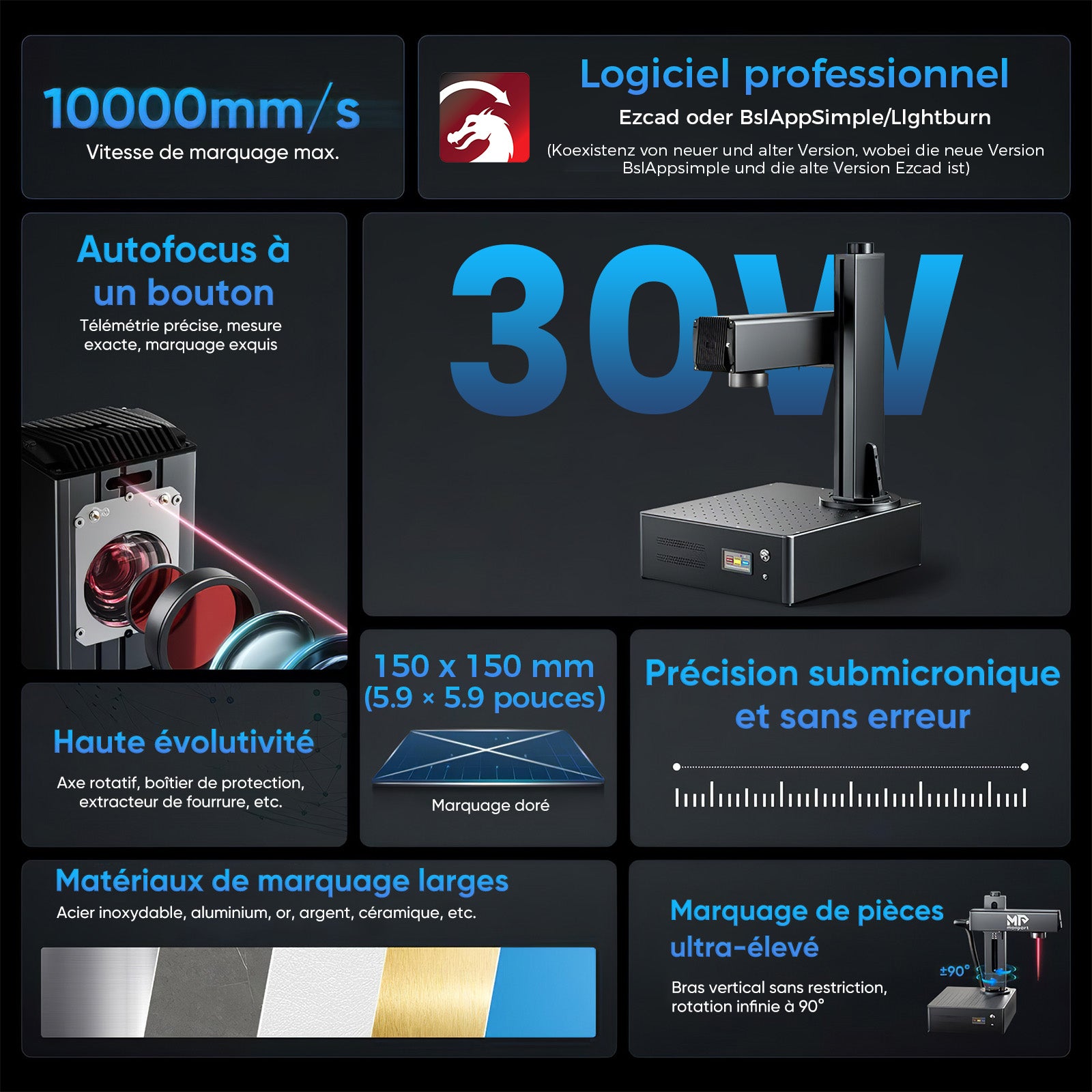 Monport GA Graveur & marqueur laser à fibre intégré amélioré 30W avec Mise au Point Automatique