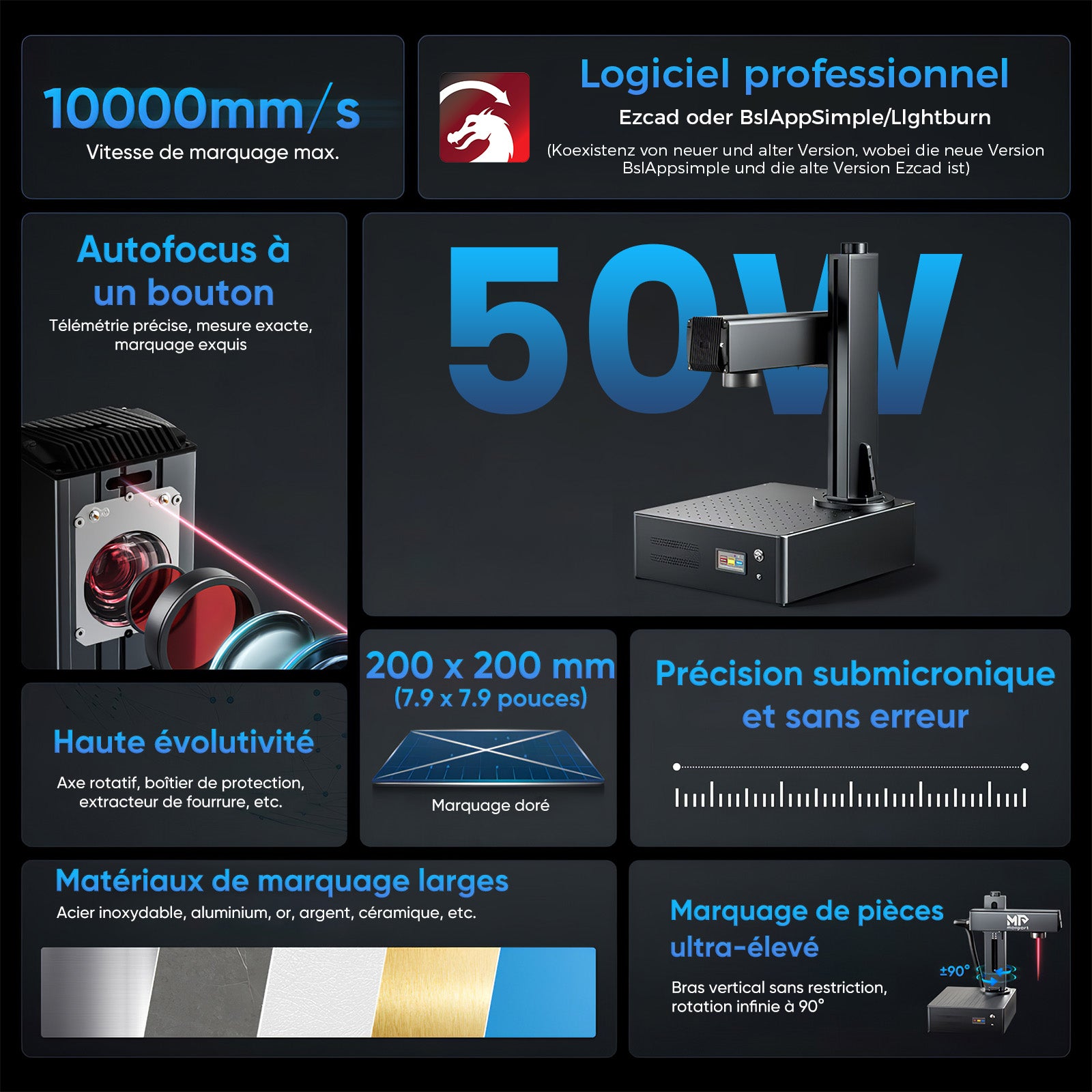 Monport GA Graveur & marqueur laser à fibre intégré amélioré 50W avec Mise au Point Automatique
