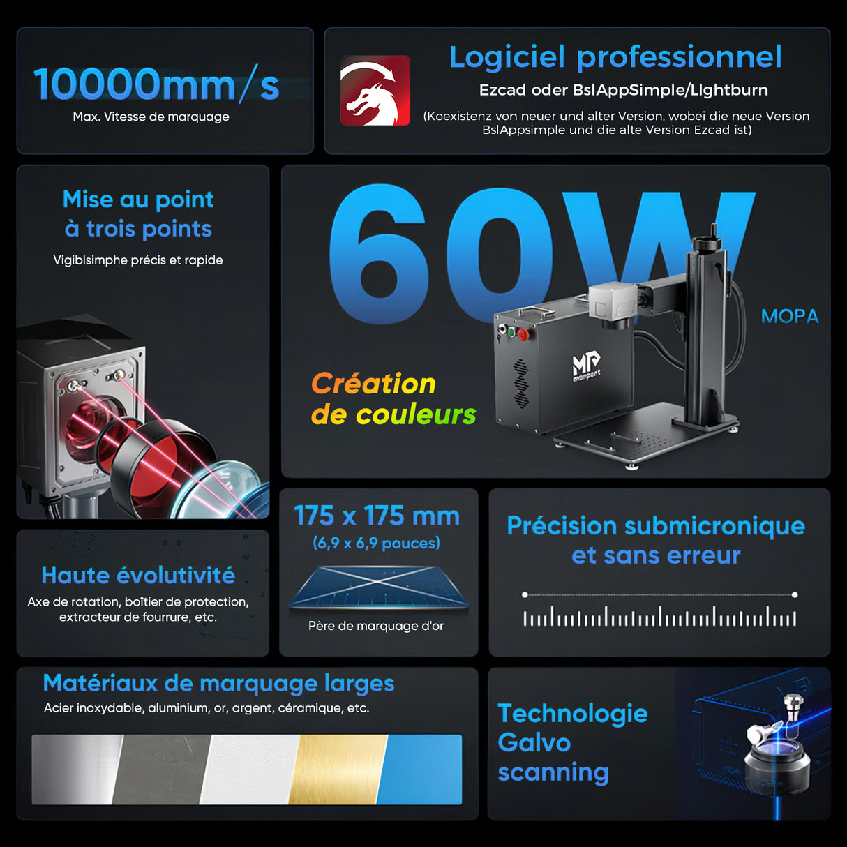 Monport 60W (175 x 175 cm) Machine de marquage et de gravure laser fibre GPro MOPA avec focalisation manuelle