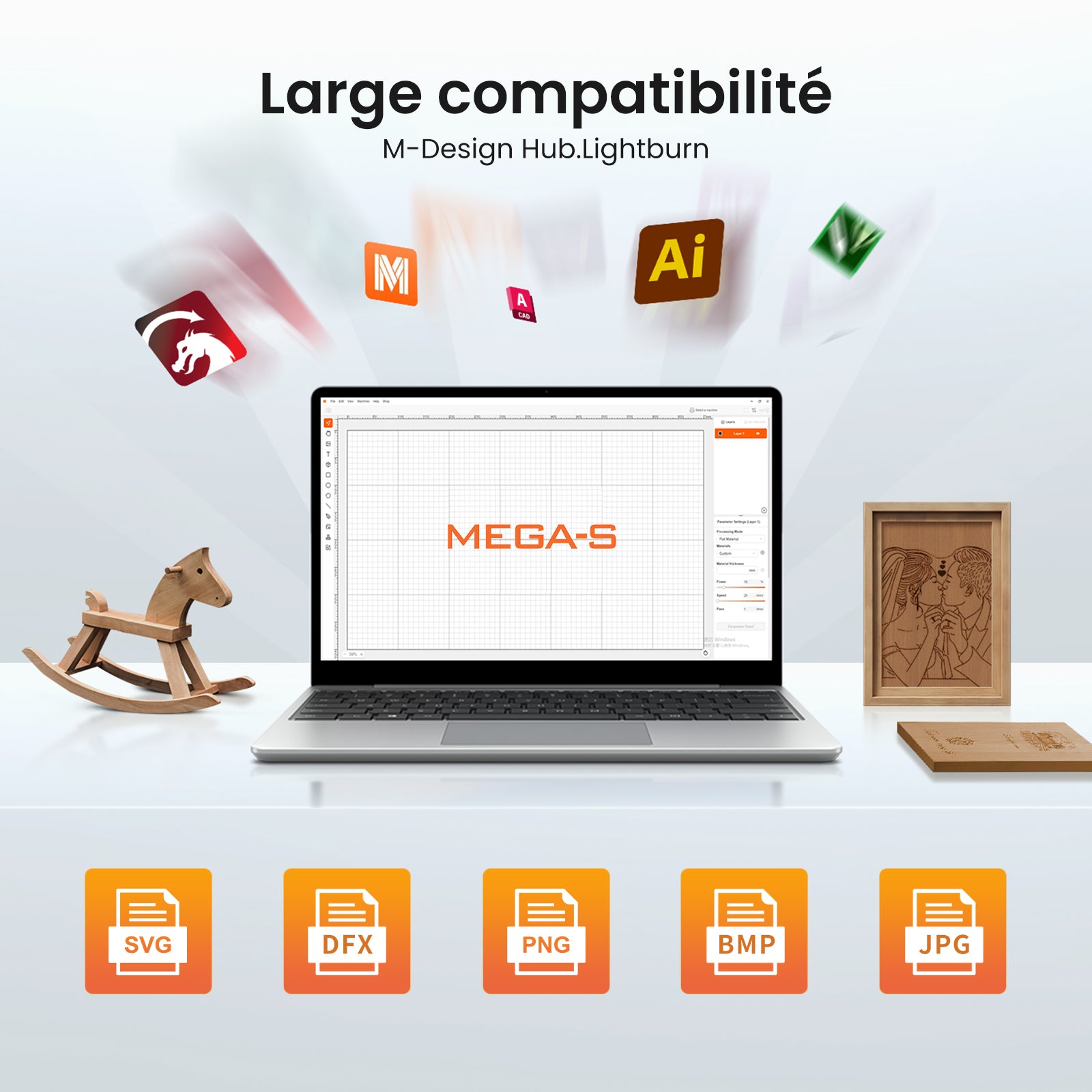 Monport MegaS – Mise à niveau de la série Mega : graveuse et découpeuse laser CO₂ 70 W avec précision intelligente