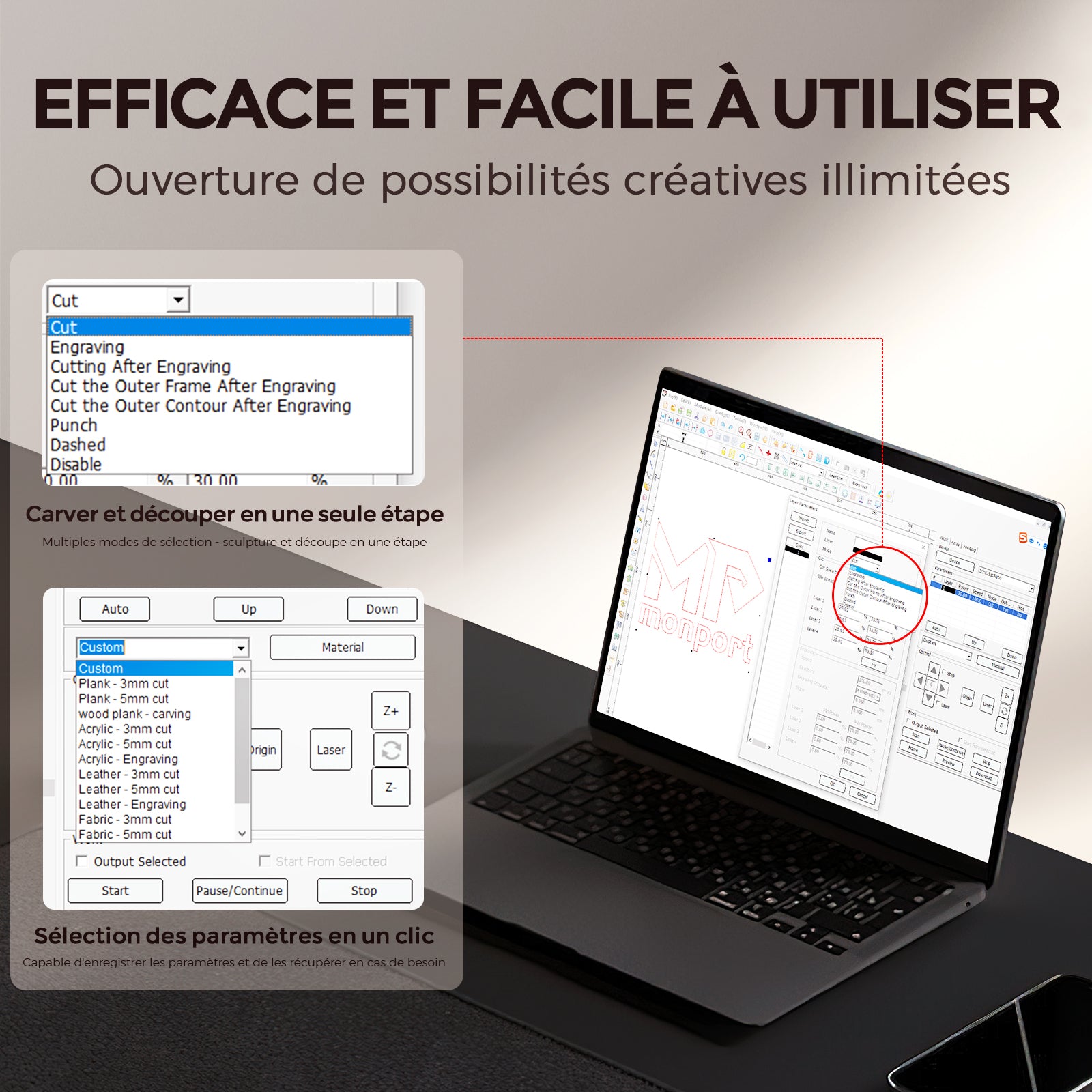 Monport Reno45 Pro 45W Graveuse et découpeuse laser CO2 de bureau (16